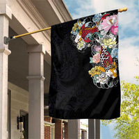 Hawaiian and Japanese Together Garden Flag Colorful Traditional Japanese Tattoo and Kakau Pattern Black Color LT03 House Flag Black - Polynesian Pride
