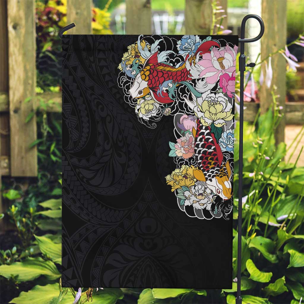Hawaiian and Japanese Together Garden Flag Colorful Traditional Japanese Tattoo and Kakau Pattern Black Color LT03 Garden Flag Black - Polynesian Pride
