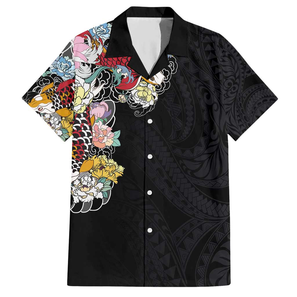 Hawaiian and Japanese Together Hawaiian Shirt Colorful Traditional Japanese Tattoo and Kakau Pattern Black Color LT03 Black - Polynesian Pride