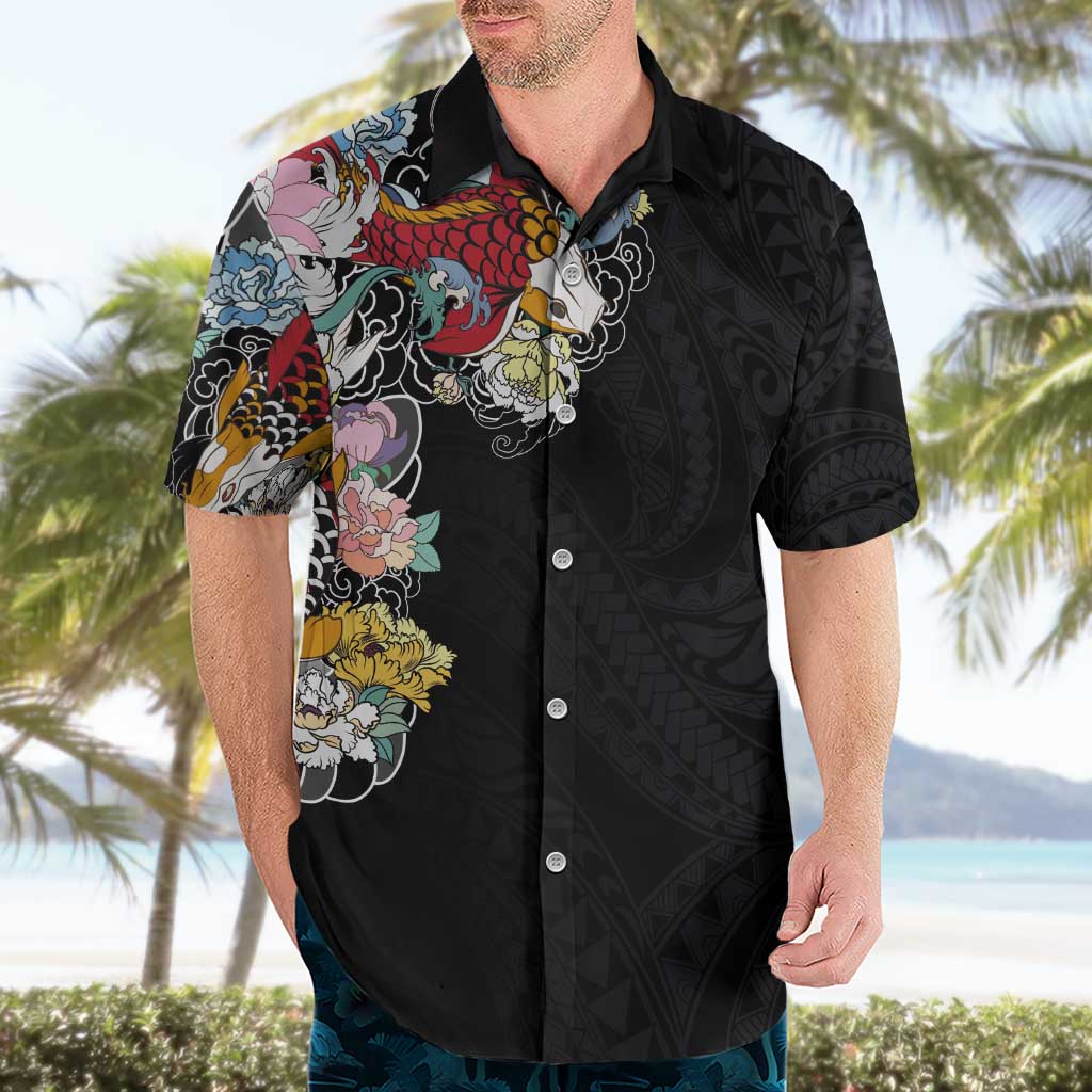 Hawaiian and Japanese Together Hawaiian Shirt Colorful Traditional Japanese Tattoo and Kakau Pattern Black Color LT03 - Polynesian Pride