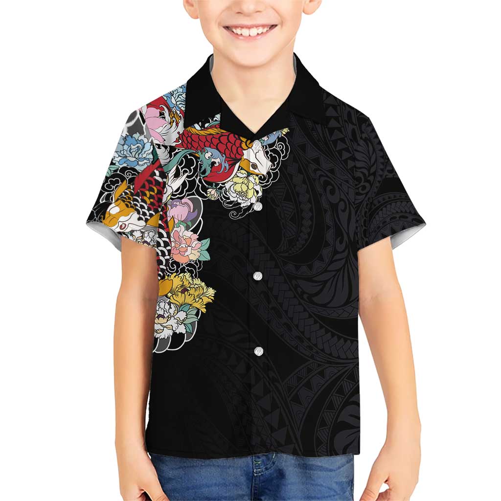 Hawaiian and Japanese Together Hawaiian Shirt Colorful Traditional Japanese Tattoo and Kakau Pattern Black Color LT03 - Polynesian Pride