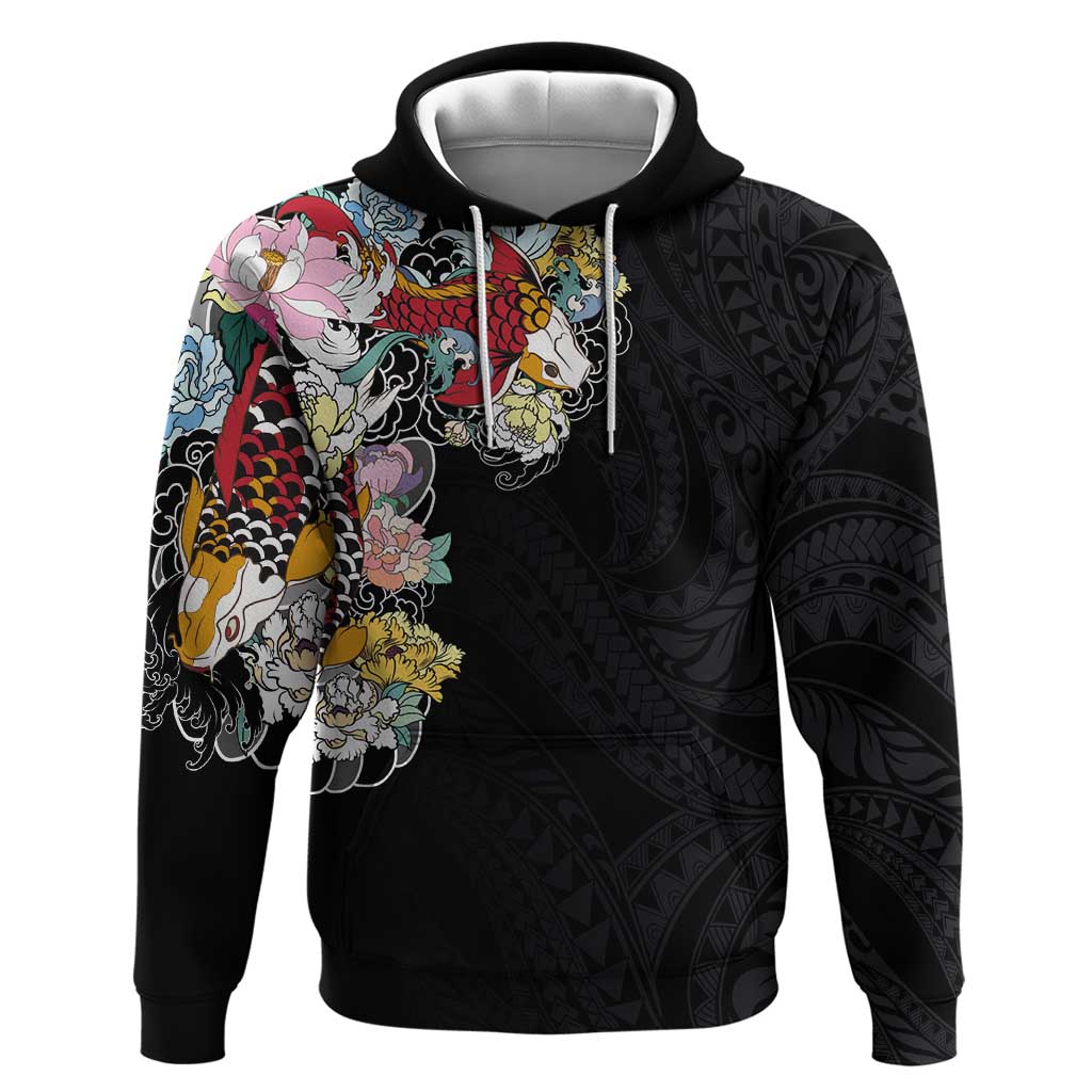 Hawaiian and Japanese Together Hoodie Colorful Traditional Japanese Tattoo and Kakau Pattern Black Color LT03 Pullover Hoodie Black - Polynesian Pride