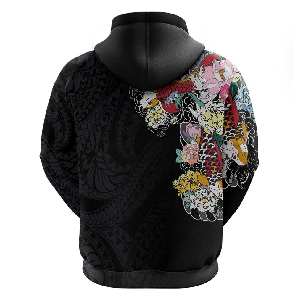 Hawaiian and Japanese Together Hoodie Colorful Traditional Japanese Tattoo and Kakau Pattern Black Color LT03 - Polynesian Pride