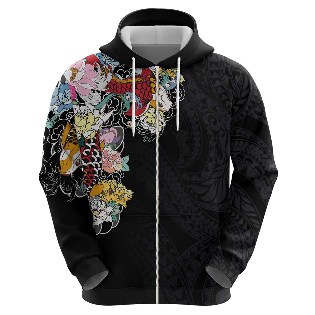 Hawaiian and Japanese Together Hoodie Colorful Traditional Japanese Tattoo and Kakau Pattern Black Color LT03 - Polynesian Pride