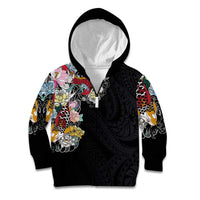 Hawaiian and Japanese Together Kid Hoodie Colorful Traditional Japanese Tattoo and Kakau Pattern Black Color LT03 Zip Hoodie Black - Polynesian Pride