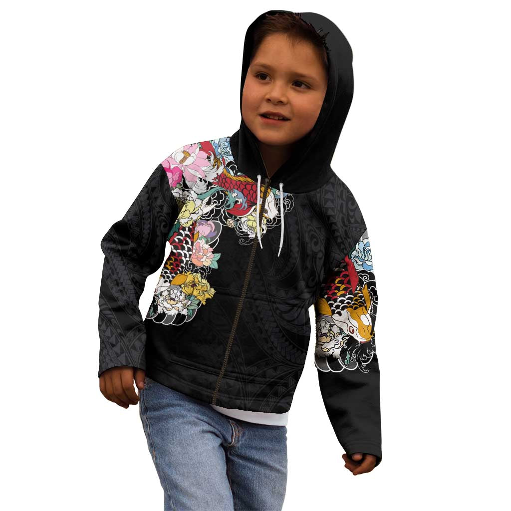Hawaiian and Japanese Together Kid Hoodie Colorful Traditional Japanese Tattoo and Kakau Pattern Black Color LT03 - Polynesian Pride