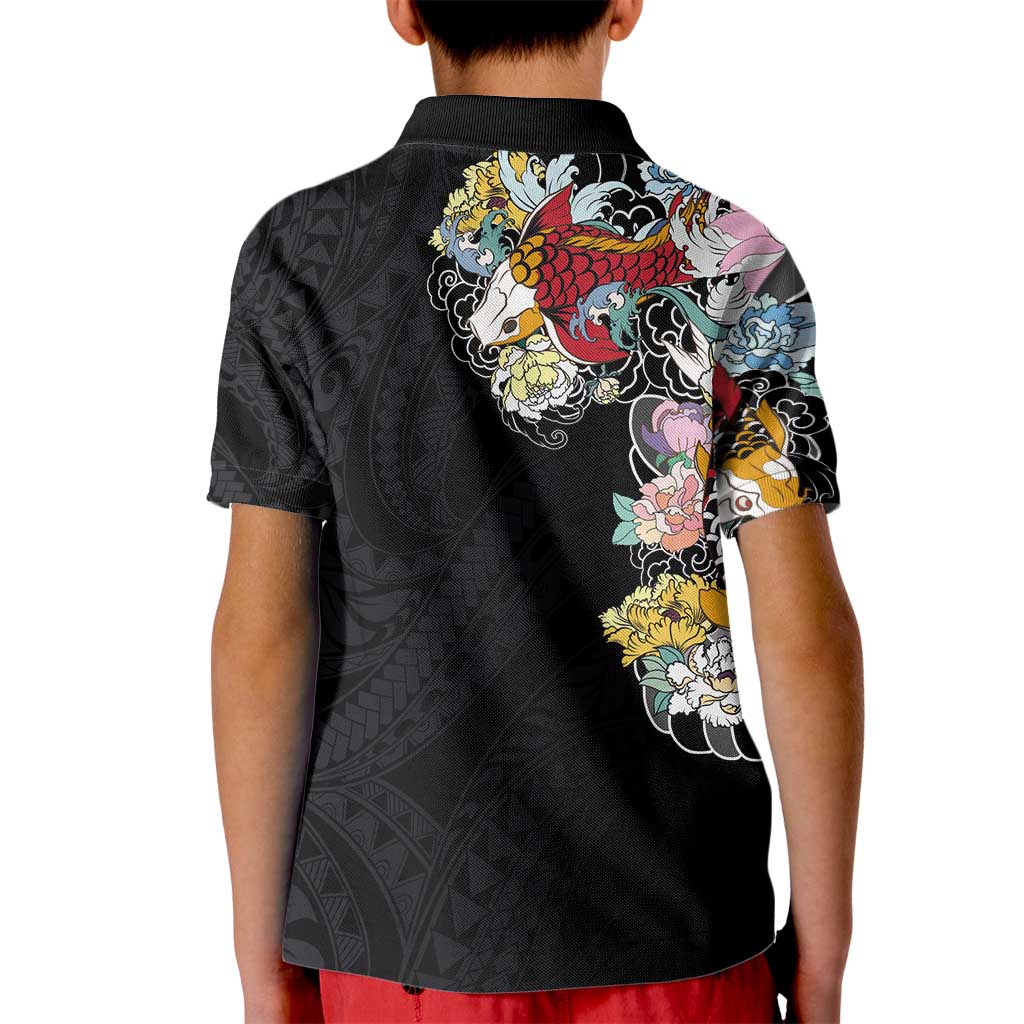 Hawaiian and Japanese Together Kid Polo Shirt Colorful Traditional Japanese Tattoo and Kakau Pattern Black Color LT03 - Polynesian Pride