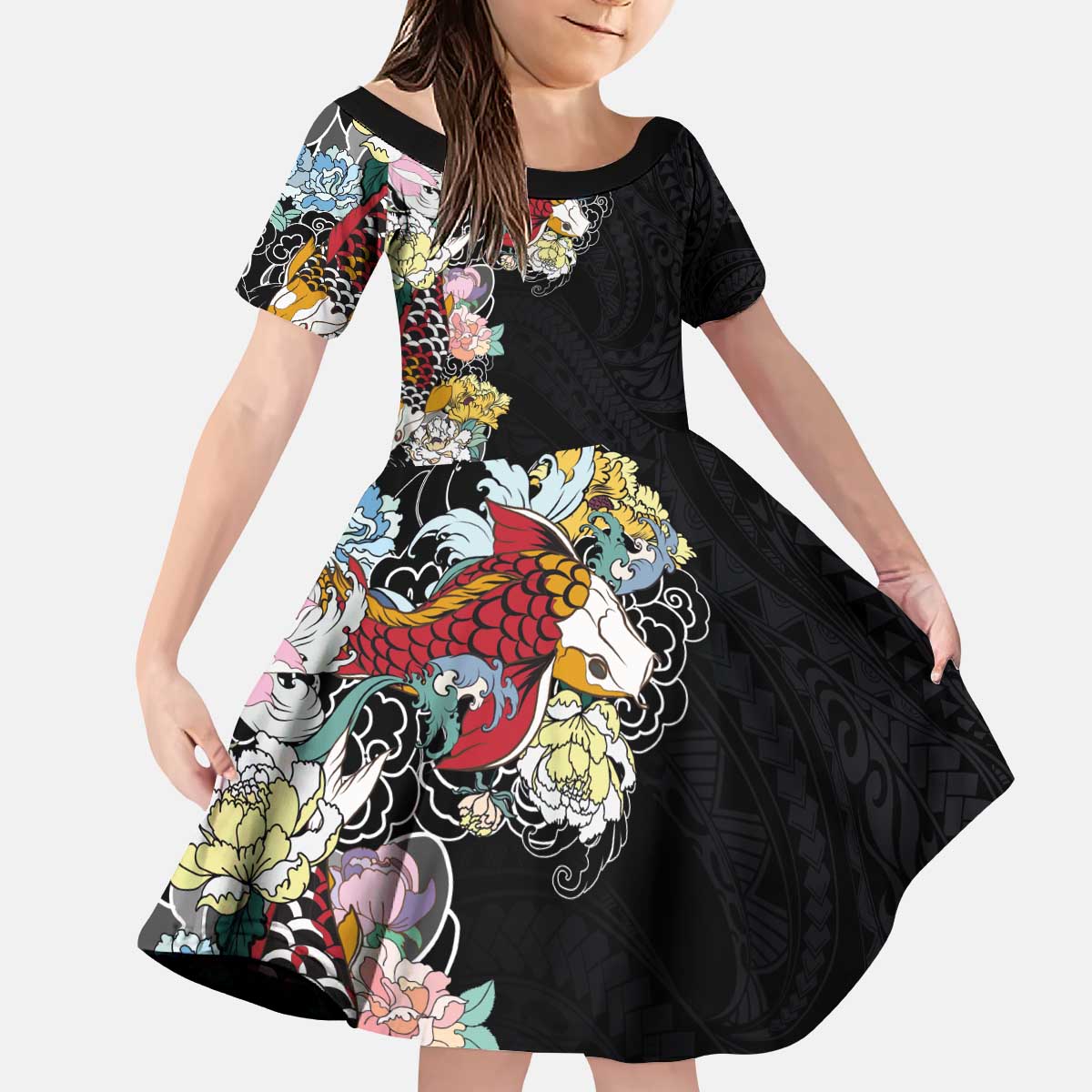 Hawaiian and Japanese Together Kid Short Sleeve Dress Colorful Traditional Japanese Tattoo and Kakau Pattern Black Color LT03 KID Black - Polynesian Pride