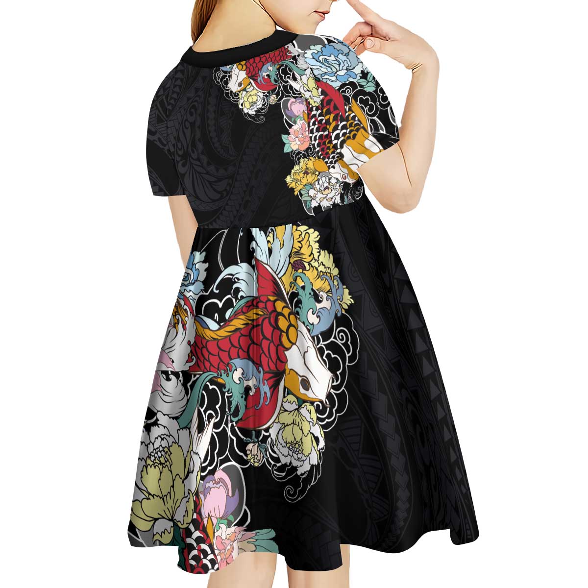 Hawaiian and Japanese Together Kid Short Sleeve Dress Colorful Traditional Japanese Tattoo and Kakau Pattern Black Color LT03 - Polynesian Pride