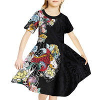 Hawaiian and Japanese Together Kid Short Sleeve Dress Colorful Traditional Japanese Tattoo and Kakau Pattern Black Color LT03 - Polynesian Pride