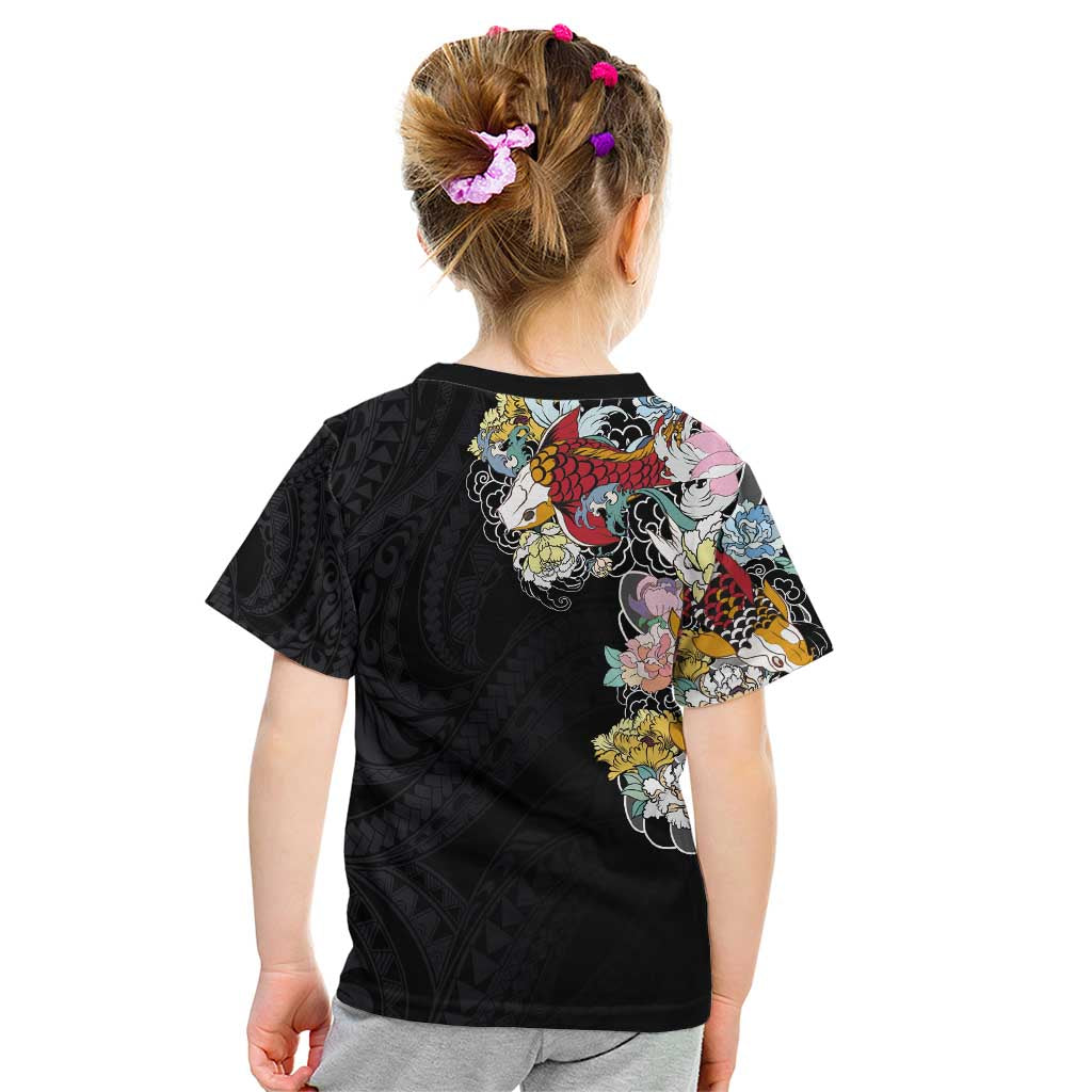Hawaiian and Japanese Together Kid T Shirt Colorful Traditional Japanese Tattoo and Kakau Pattern Black Color LT03 - Polynesian Pride