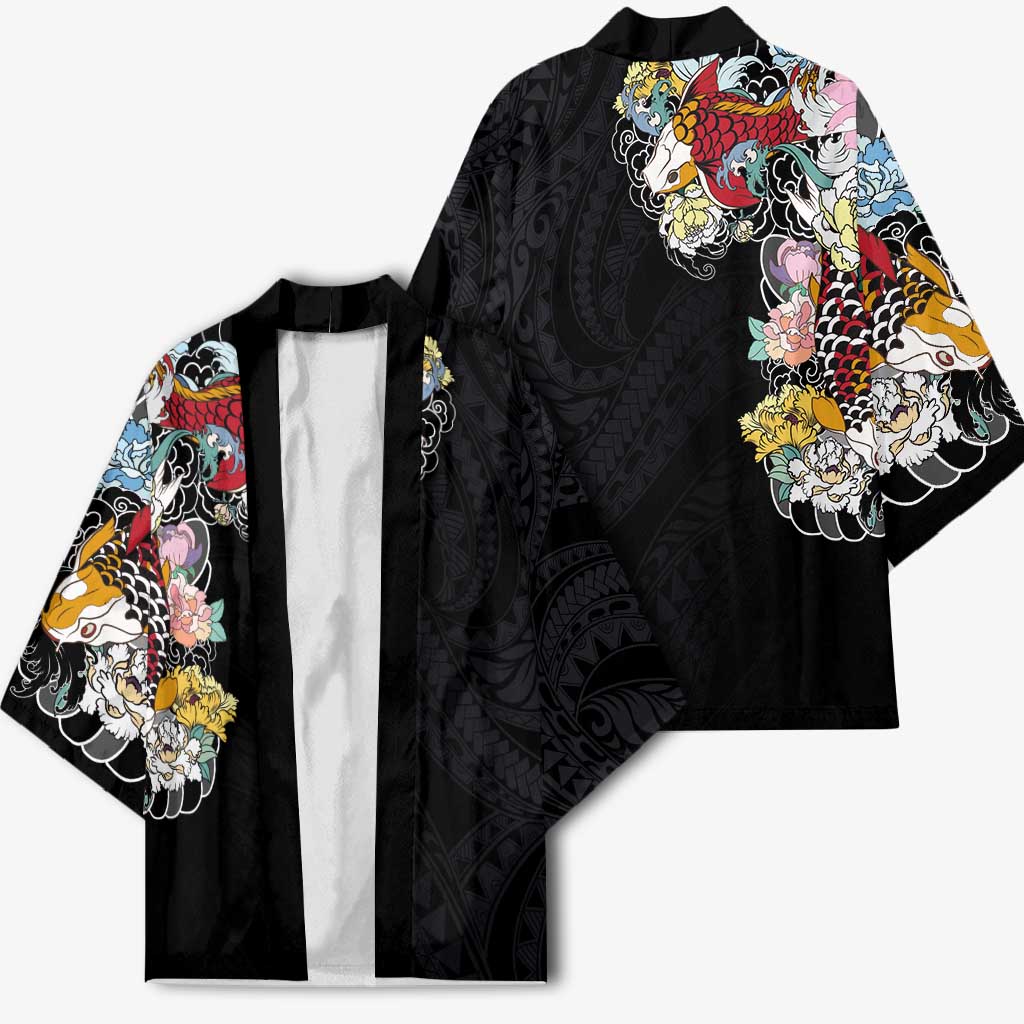 Hawaiian and Japanese Together Kimono Colorful Traditional Japanese Tattoo and Kakau Pattern Black Color LT03 - Polynesian Pride