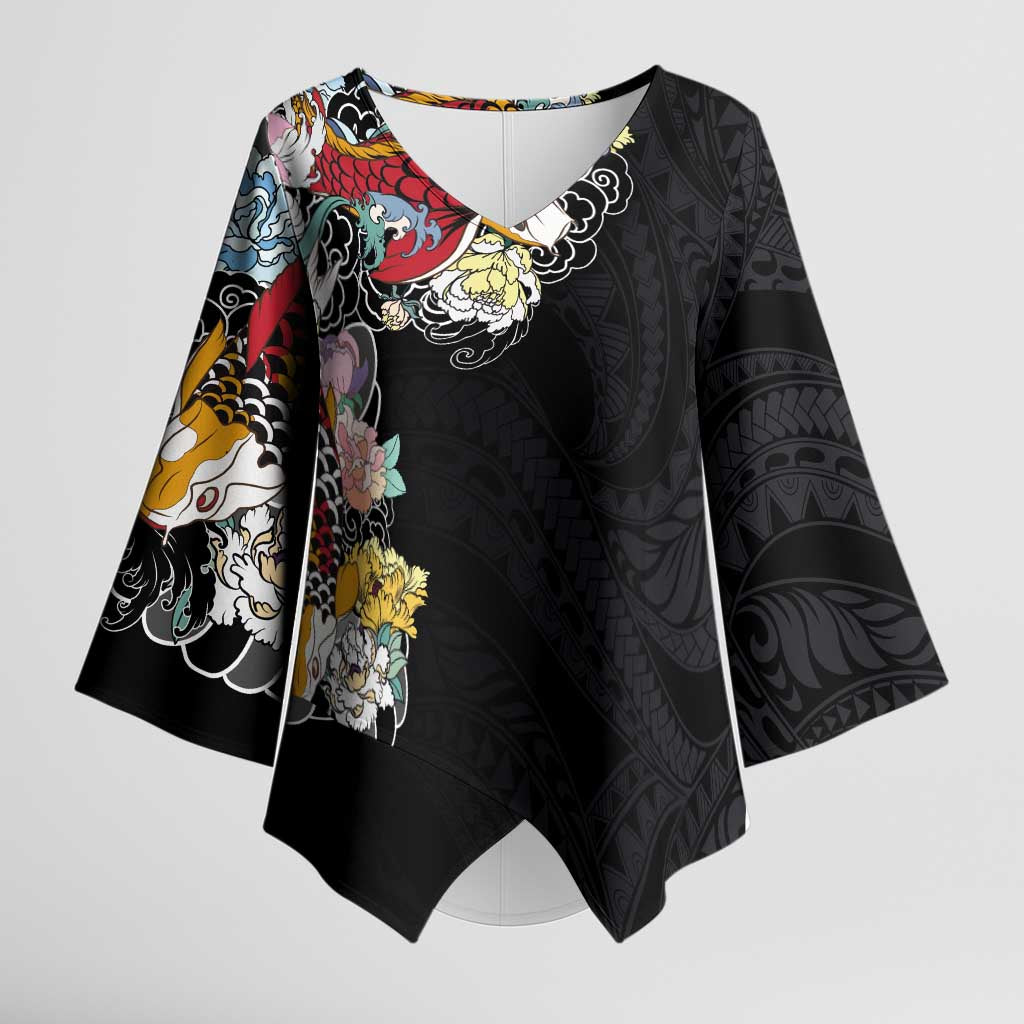 Hawaiian and Japanese Together Kimono Sleeve Blouse Colorful Traditional Japanese Tattoo and Kakau Pattern Black Color LT03 Female Black - Polynesian Pride