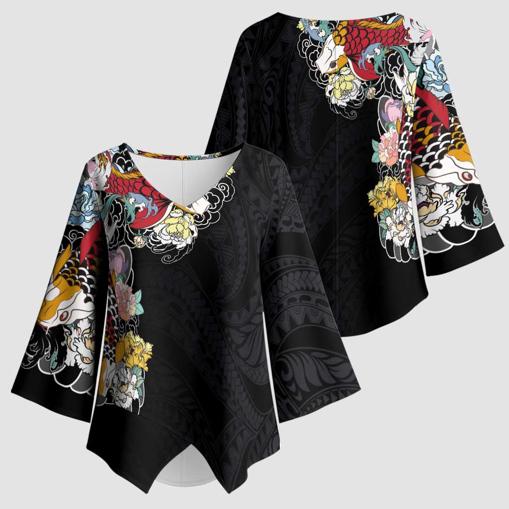 Hawaiian and Japanese Together Kimono Sleeve Blouse Colorful Traditional Japanese Tattoo and Kakau Pattern Black Color LT03 - Polynesian Pride