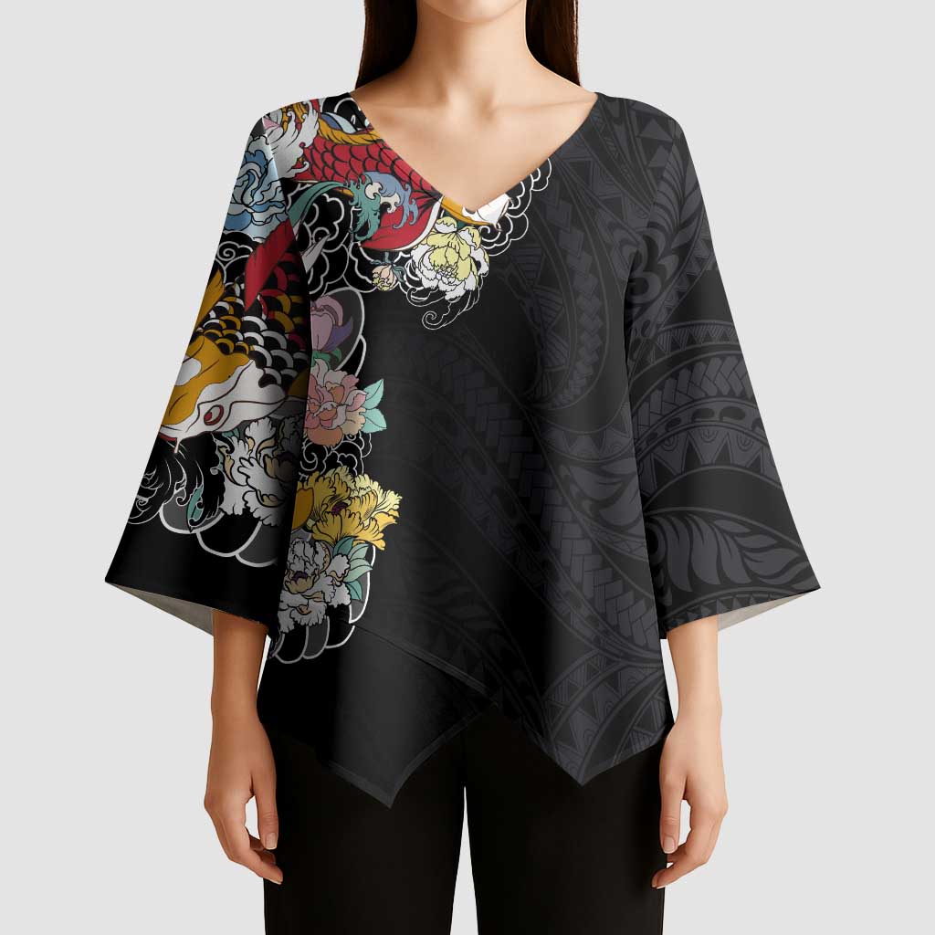 Hawaiian and Japanese Together Kimono Sleeve Blouse Colorful Traditional Japanese Tattoo and Kakau Pattern Black Color LT03 - Polynesian Pride