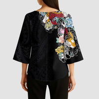 Hawaiian and Japanese Together Kimono Sleeve Blouse Colorful Traditional Japanese Tattoo and Kakau Pattern Black Color LT03 - Polynesian Pride