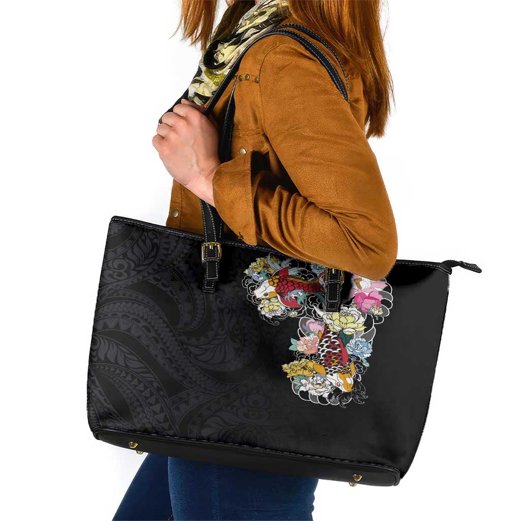 Hawaiian and Japanese Together Leather Tote Bag Colorful Traditional Japanese Tattoo and Kakau Pattern Black Color LT03 Black - Polynesian Pride