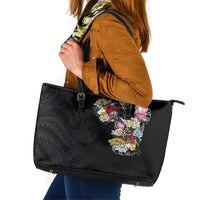 Hawaiian and Japanese Together Leather Tote Bag Colorful Traditional Japanese Tattoo and Kakau Pattern Black Color LT03 Black - Polynesian Pride