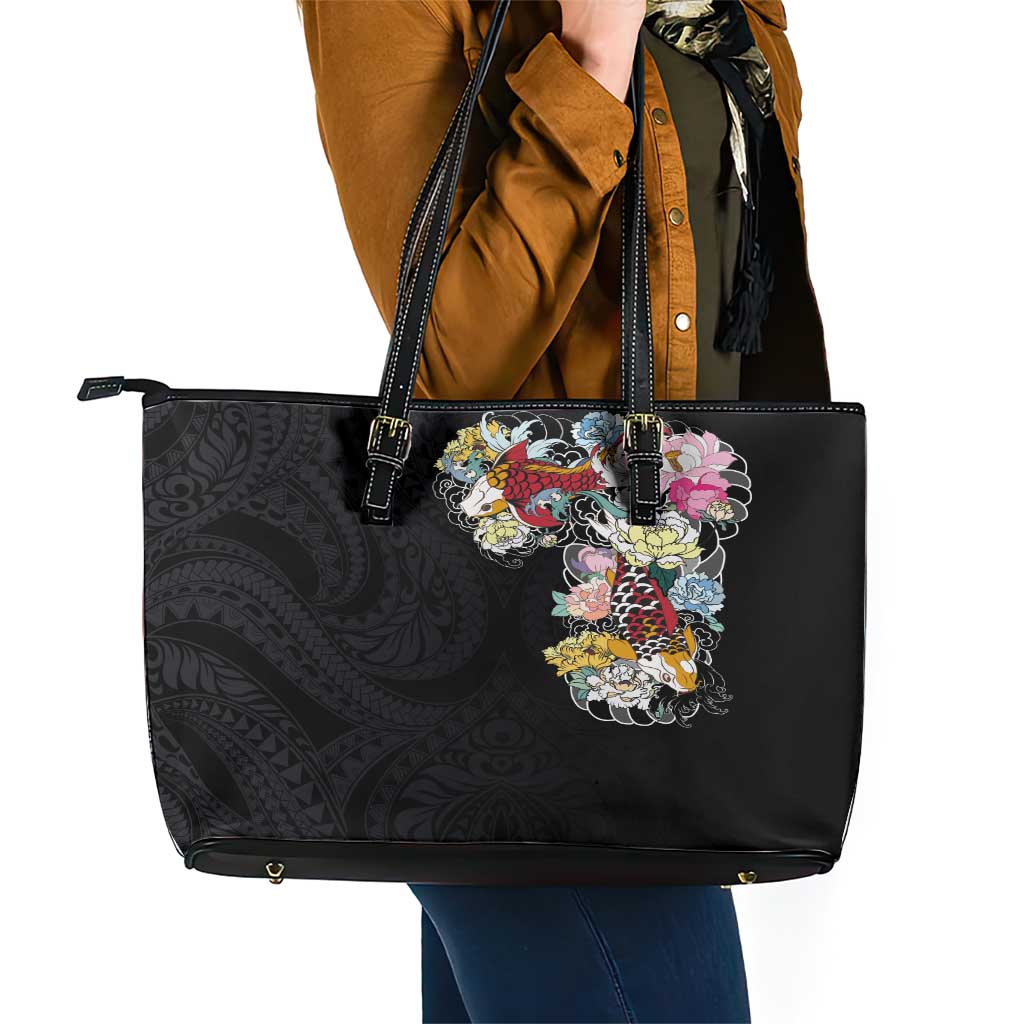 Hawaiian and Japanese Together Leather Tote Bag Colorful Traditional Japanese Tattoo and Kakau Pattern Black Color LT03 - Polynesian Pride