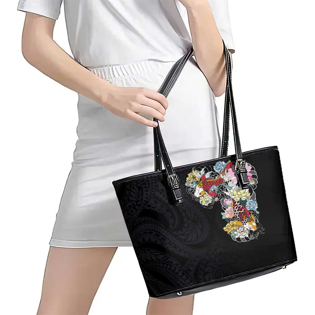 Hawaiian and Japanese Together Leather Tote Bag Colorful Traditional Japanese Tattoo and Kakau Pattern Black Color LT03 - Polynesian Pride