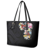Hawaiian and Japanese Together Leather Tote Bag Colorful Traditional Japanese Tattoo and Kakau Pattern Black Color LT03 - Polynesian Pride
