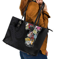 Hawaiian and Japanese Together Leather Tote Bag Colorful Traditional Japanese Tattoo and Kakau Pattern Black Color LT03 - Polynesian Pride