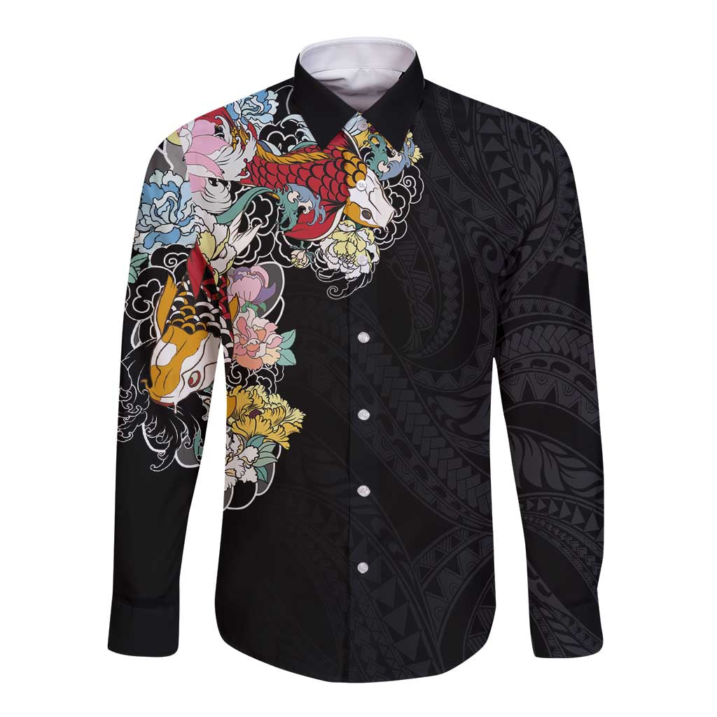 Hawaiian and Japanese Together Long Sleeve Button Shirt Colorful Traditional Japanese Tattoo and Kakau Pattern Black Color LT03 Unisex Black - Polynesian Pride