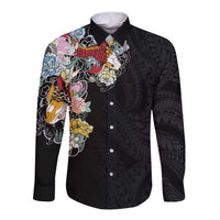 Hawaiian and Japanese Together Long Sleeve Button Shirt Colorful Traditional Japanese Tattoo and Kakau Pattern Black Color LT03 Unisex Black - Polynesian Pride