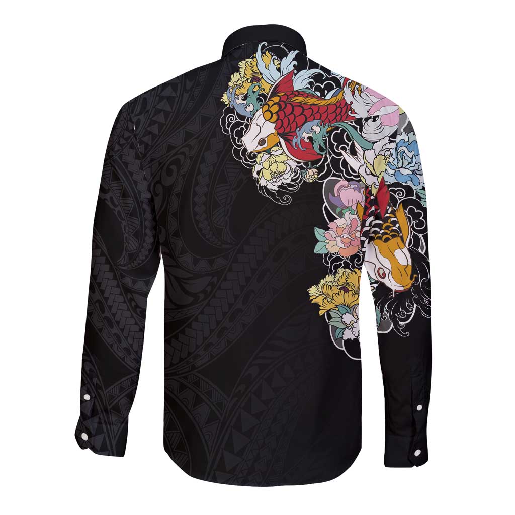 Hawaiian and Japanese Together Long Sleeve Button Shirt Colorful Traditional Japanese Tattoo and Kakau Pattern Black Color LT03 - Polynesian Pride