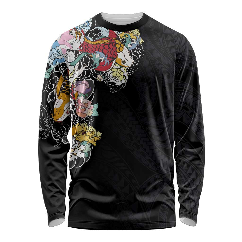 Hawaiian and Japanese Together Long Sleeve Shirt Colorful Traditional Japanese Tattoo and Kakau Pattern Black Color LT03 Unisex Black - Polynesian Pride