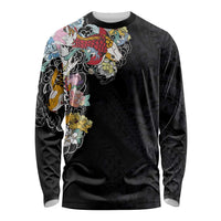 Hawaiian and Japanese Together Long Sleeve Shirt Colorful Traditional Japanese Tattoo and Kakau Pattern Black Color LT03 Unisex Black - Polynesian Pride