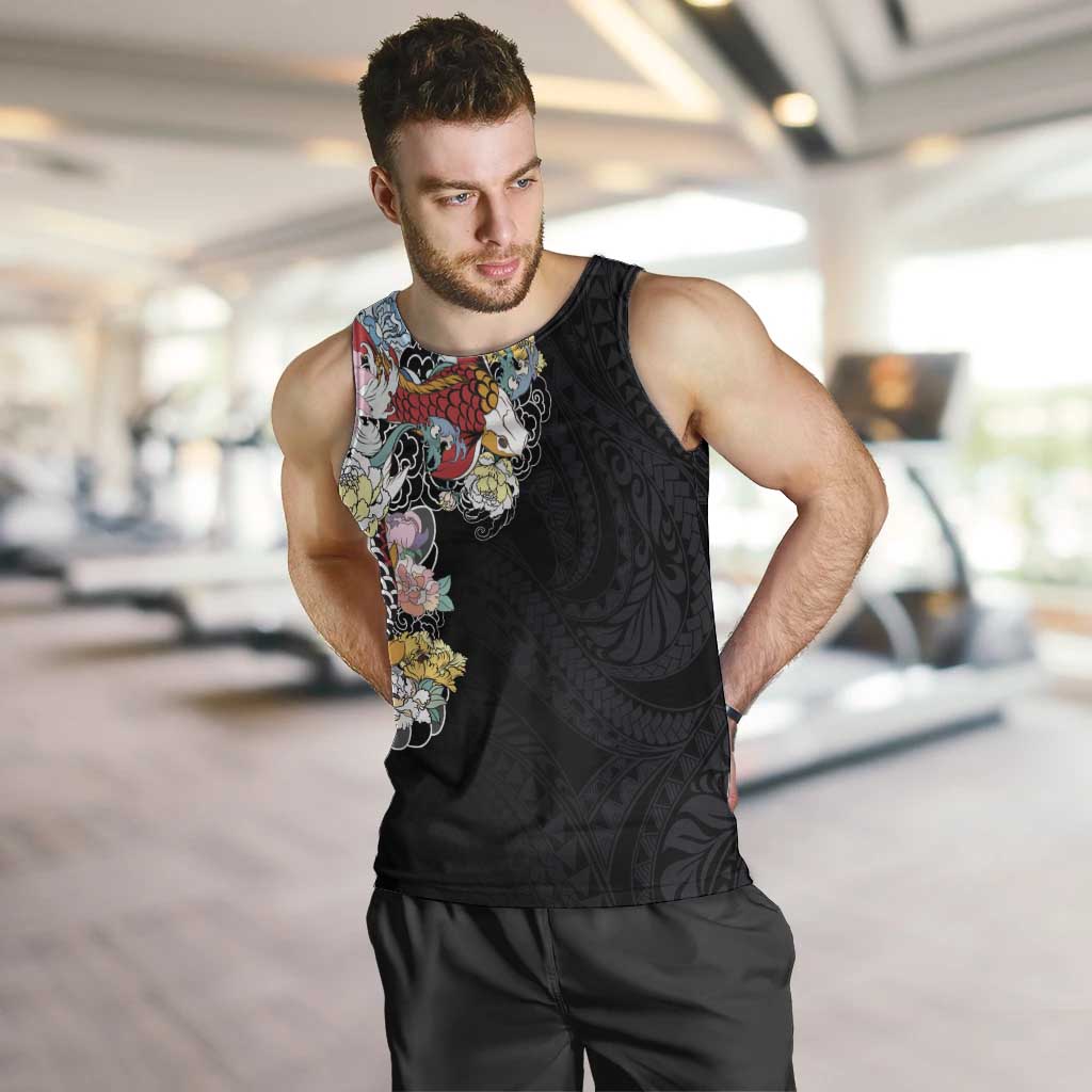 Hawaiian and Japanese Together Men Tank Top Colorful Traditional Japanese Tattoo and Kakau Pattern Black Color LT03 Black - Polynesian Pride