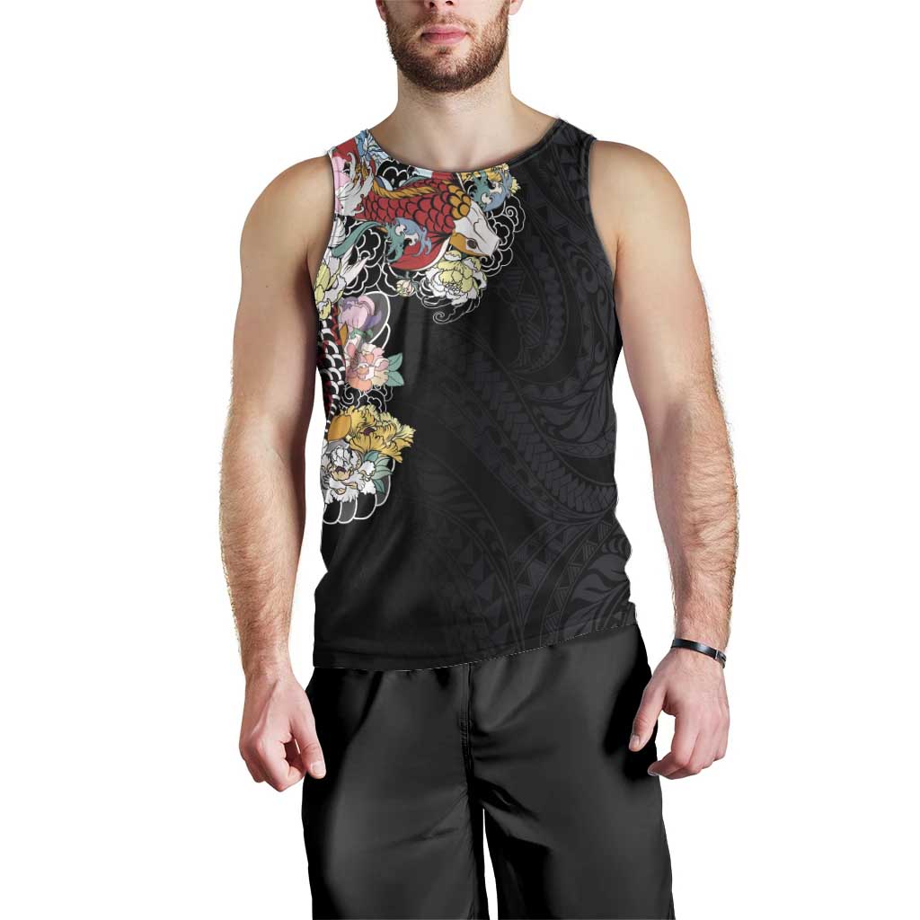 Hawaiian and Japanese Together Men Tank Top Colorful Traditional Japanese Tattoo and Kakau Pattern Black Color LT03 - Polynesian Pride