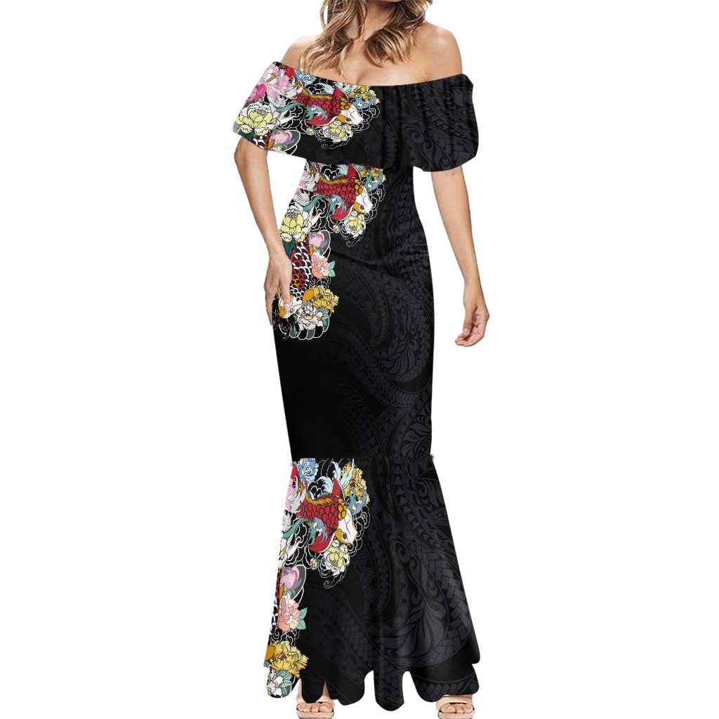 Hawaiian and Japanese Together Mermaid Dress Colorful Traditional Japanese Tattoo and Kakau Pattern Black Color LT03 - Polynesian Pride