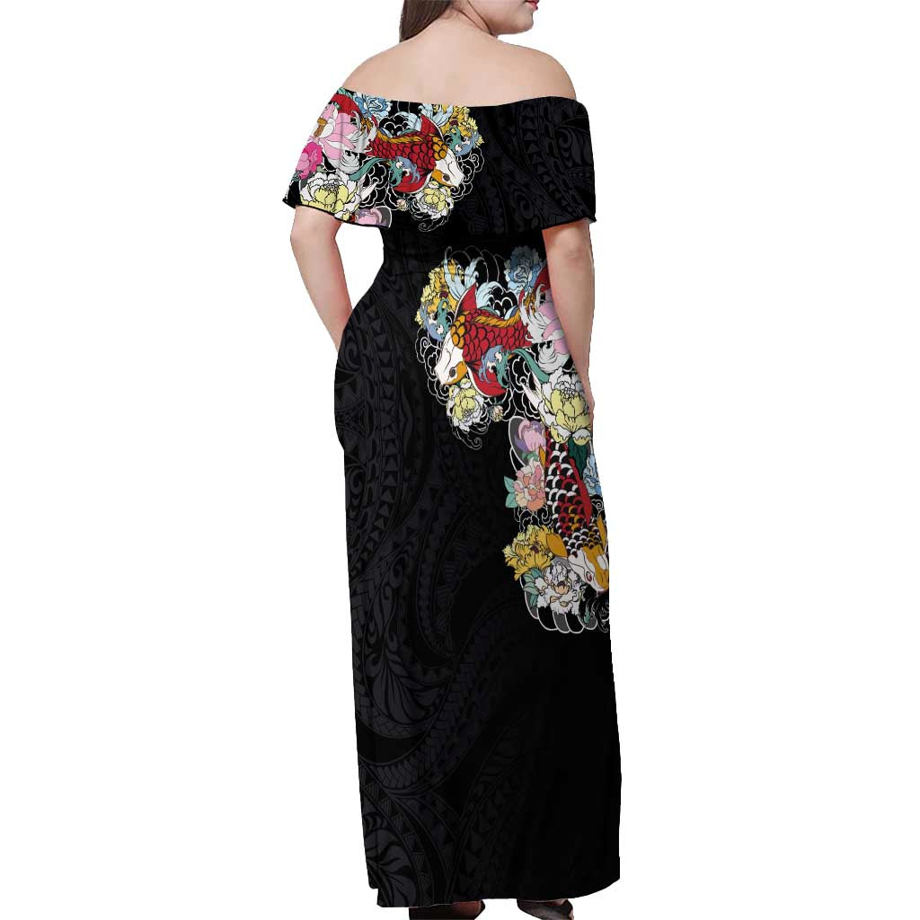 Hawaiian and Japanese Together Off Shoulder Maxi Dress Colorful Traditional Japanese Tattoo and Kakau Pattern Black Color LT03 - Polynesian Pride