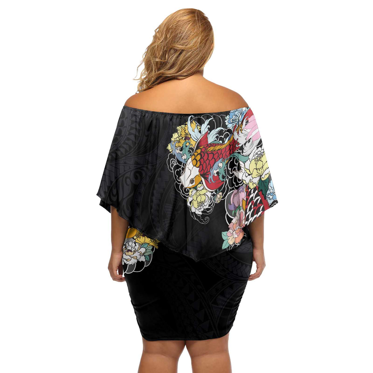 Hawaiian and Japanese Together Off Shoulder Short Dress Colorful Traditional Japanese Tattoo and Kakau Pattern Black Color LT03 - Polynesian Pride
