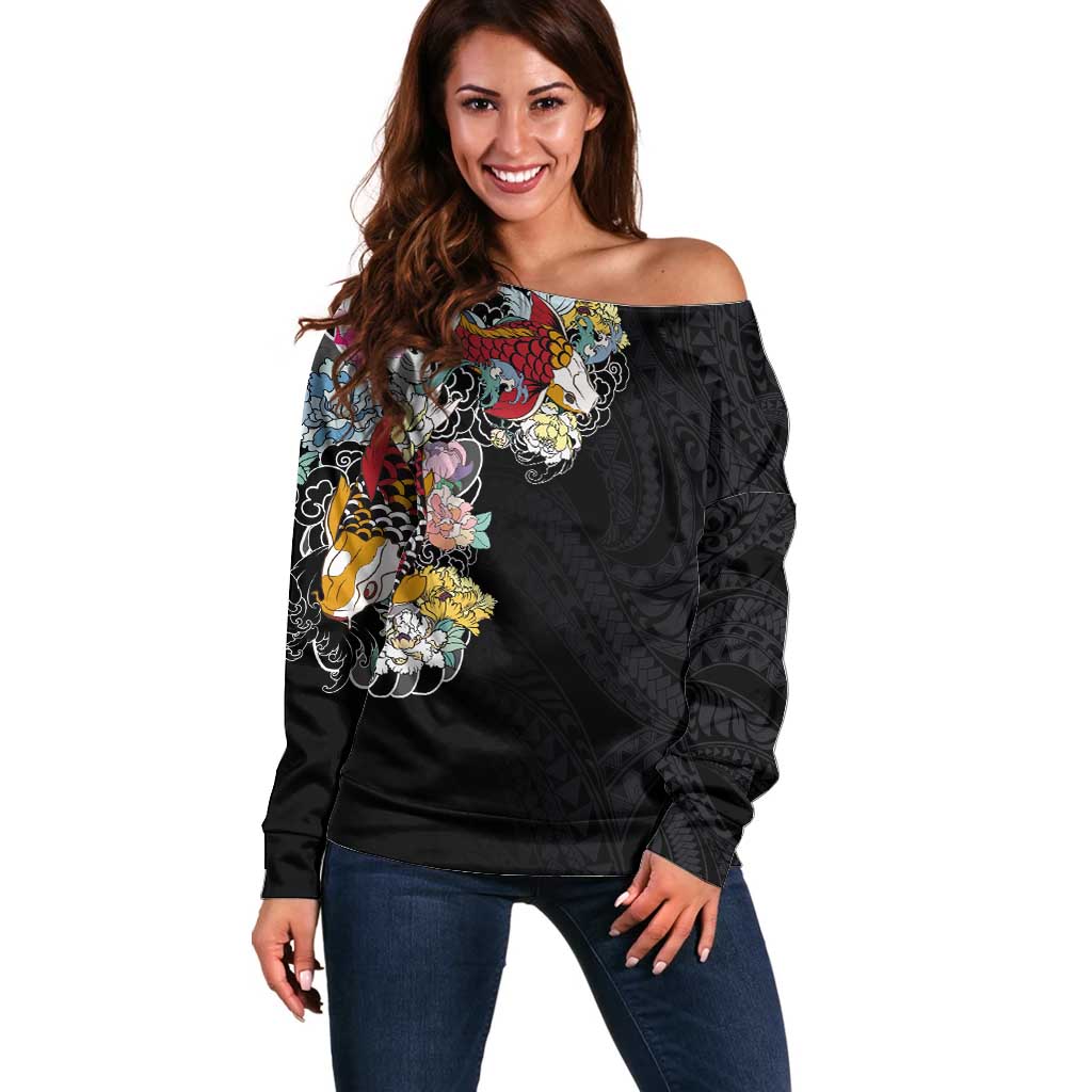 Hawaiian and Japanese Together Off Shoulder Sweater Colorful Traditional Japanese Tattoo and Kakau Pattern Black Color LT03 Women Black - Polynesian Pride