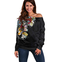 Hawaiian and Japanese Together Off Shoulder Sweater Colorful Traditional Japanese Tattoo and Kakau Pattern Black Color LT03 Women Black - Polynesian Pride