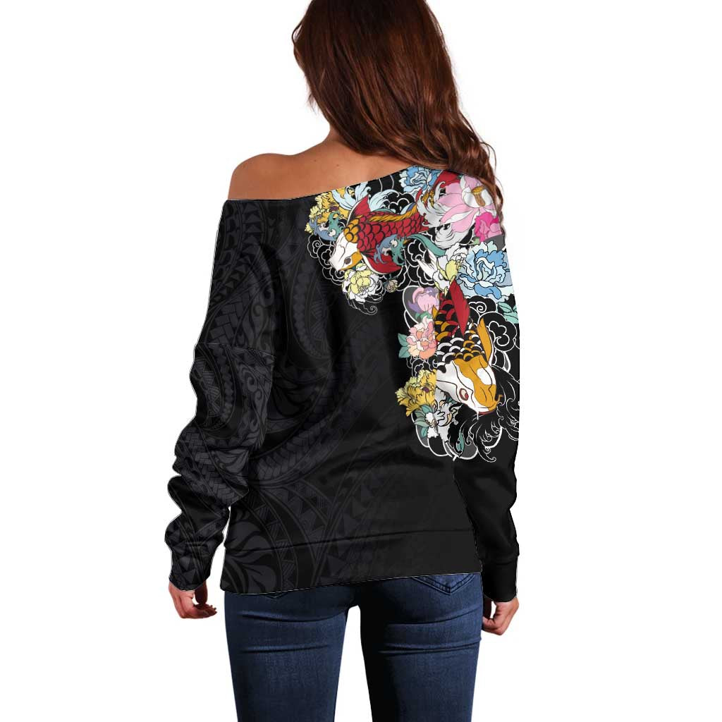 Hawaiian and Japanese Together Off Shoulder Sweater Colorful Traditional Japanese Tattoo and Kakau Pattern Black Color LT03 - Polynesian Pride