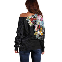 Hawaiian and Japanese Together Off Shoulder Sweater Colorful Traditional Japanese Tattoo and Kakau Pattern Black Color LT03 - Polynesian Pride
