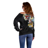 Hawaiian and Japanese Together Off Shoulder Sweater Colorful Traditional Japanese Tattoo and Kakau Pattern Black Color LT03 - Polynesian Pride