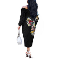Hawaiian and Japanese Together Off The Shoulder Long Sleeve Dress Colorful Traditional Japanese Tattoo and Kakau Pattern Black Color LT03 - Polynesian Pride