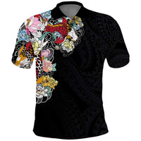 Hawaiian and Japanese Together Polo Shirt - Colorful Traditional Japanese Tattoo and Kakau Pattern Black LT03 Black - Polynesian Pride