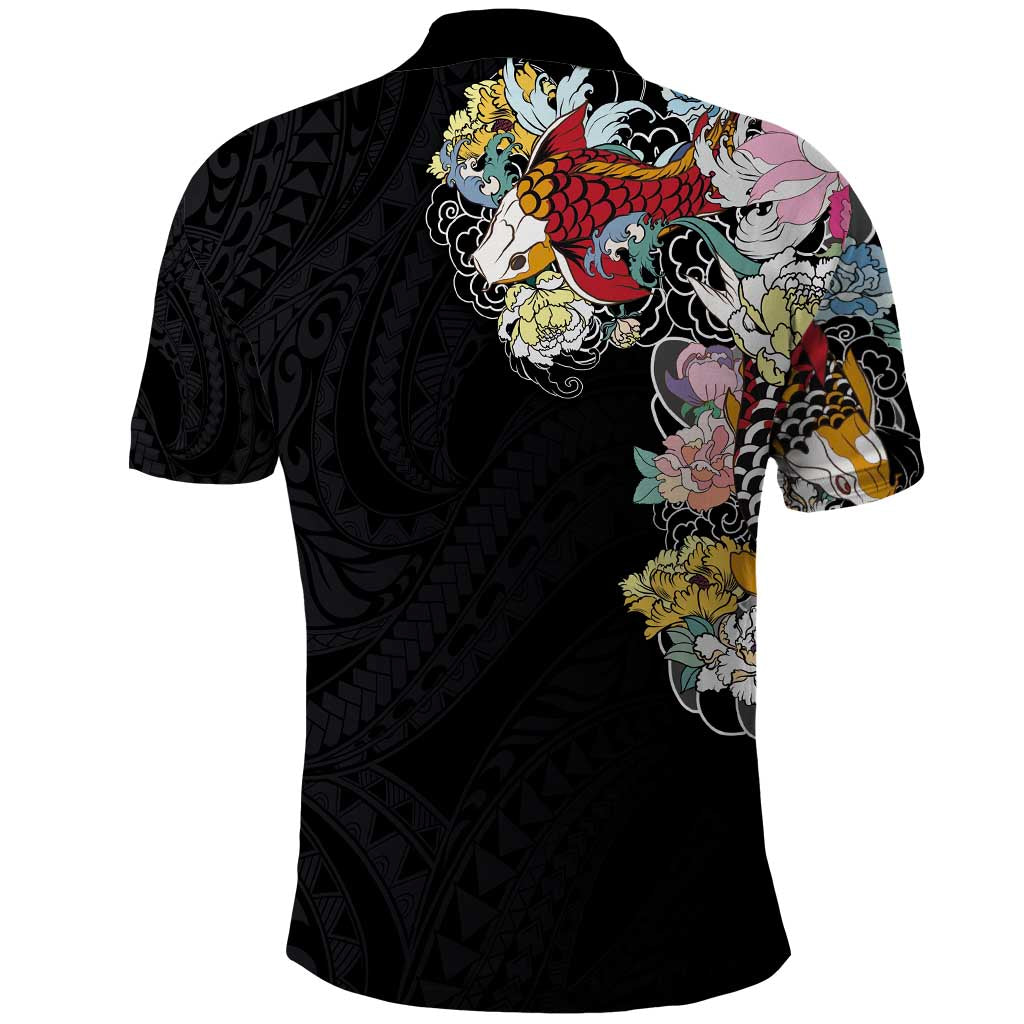 Hawaiian and Japanese Together Polo Shirt - Colorful Traditional Japanese Tattoo and Kakau Pattern Black LT03 - Polynesian Pride