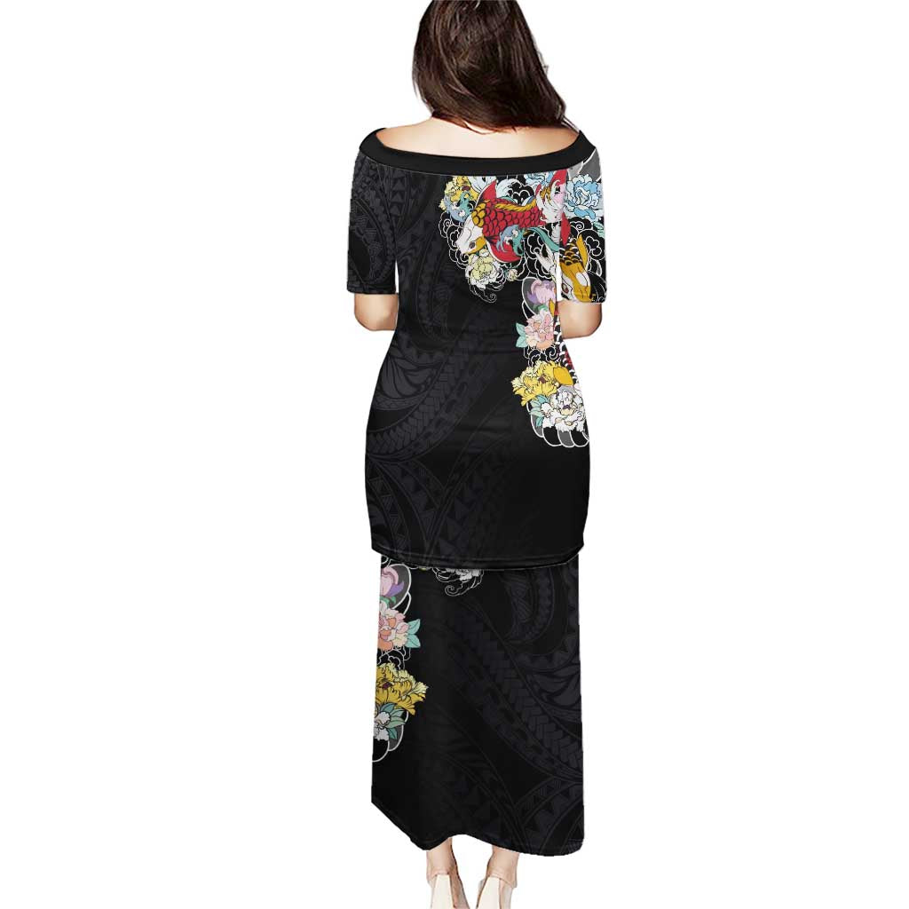 Hawaiian and Japanese Together Puletasi Colorful Traditional Japanese Tattoo and Kakau Pattern Black Color LT03 - Polynesian Pride
