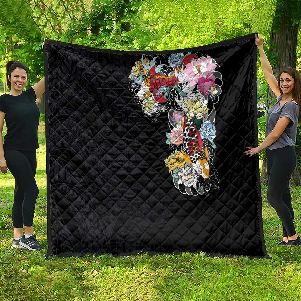 Hawaiian and Japanese Together Quilt Colorful Traditional Japanese Tattoo and Kakau Pattern Black Color LT03 - Polynesian Pride