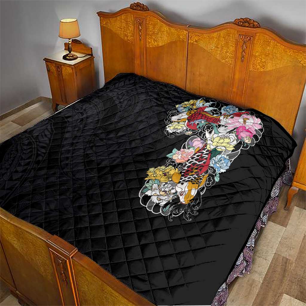 Hawaiian and Japanese Together Quilt Colorful Traditional Japanese Tattoo and Kakau Pattern Black Color LT03 - Polynesian Pride