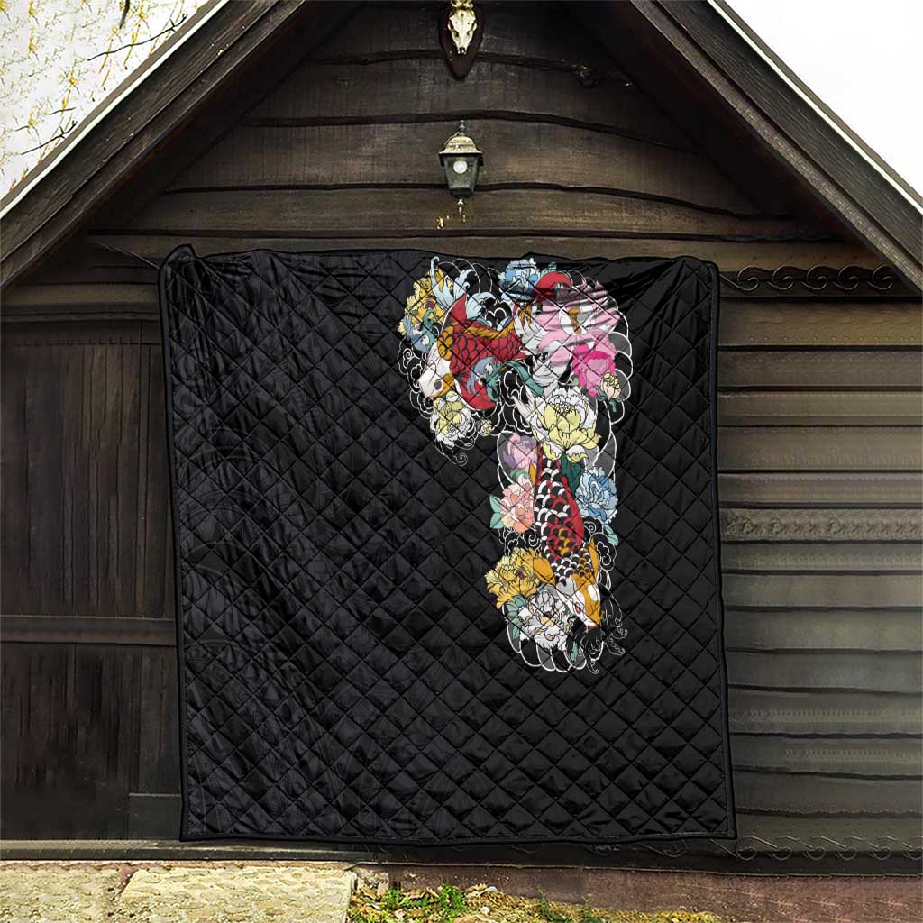 Hawaiian and Japanese Together Quilt Colorful Traditional Japanese Tattoo and Kakau Pattern Black Color LT03 - Polynesian Pride