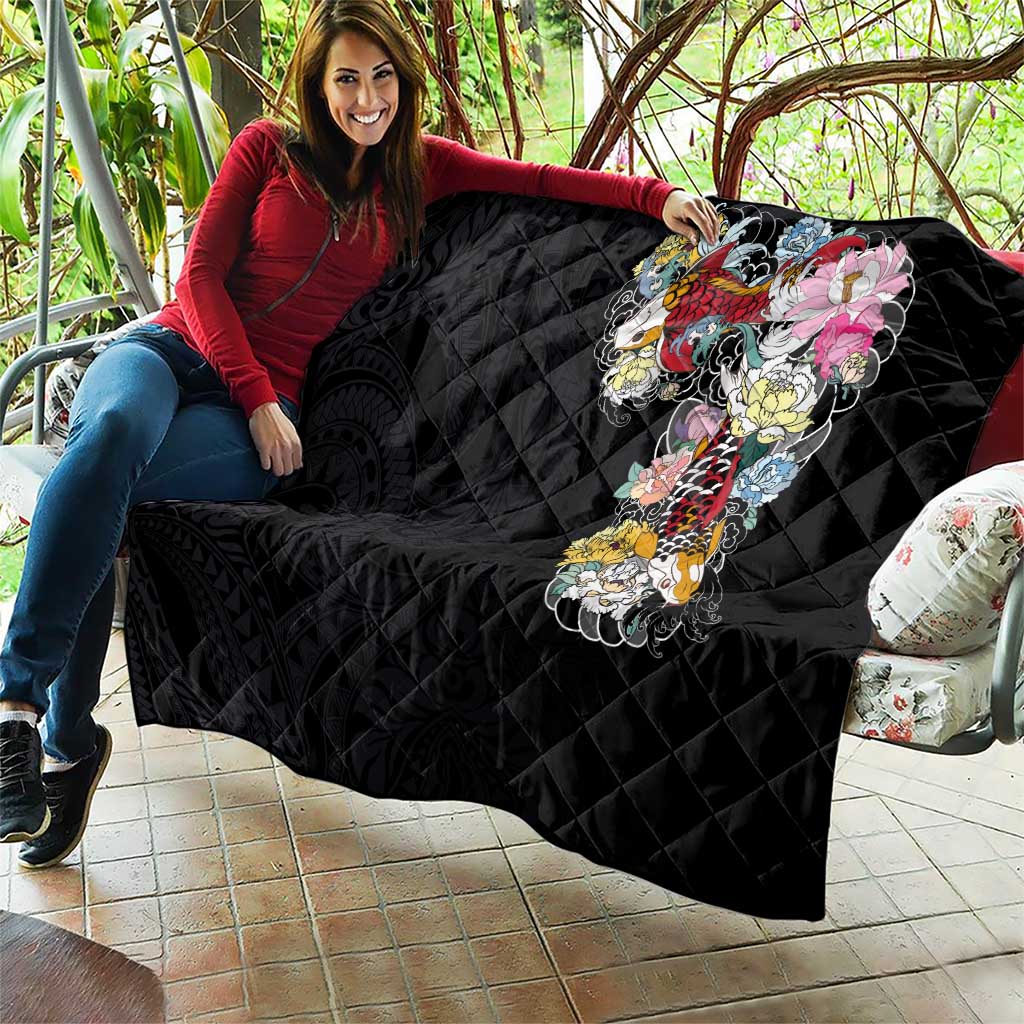 Hawaiian and Japanese Together Quilt Colorful Traditional Japanese Tattoo and Kakau Pattern Black Color LT03 - Polynesian Pride
