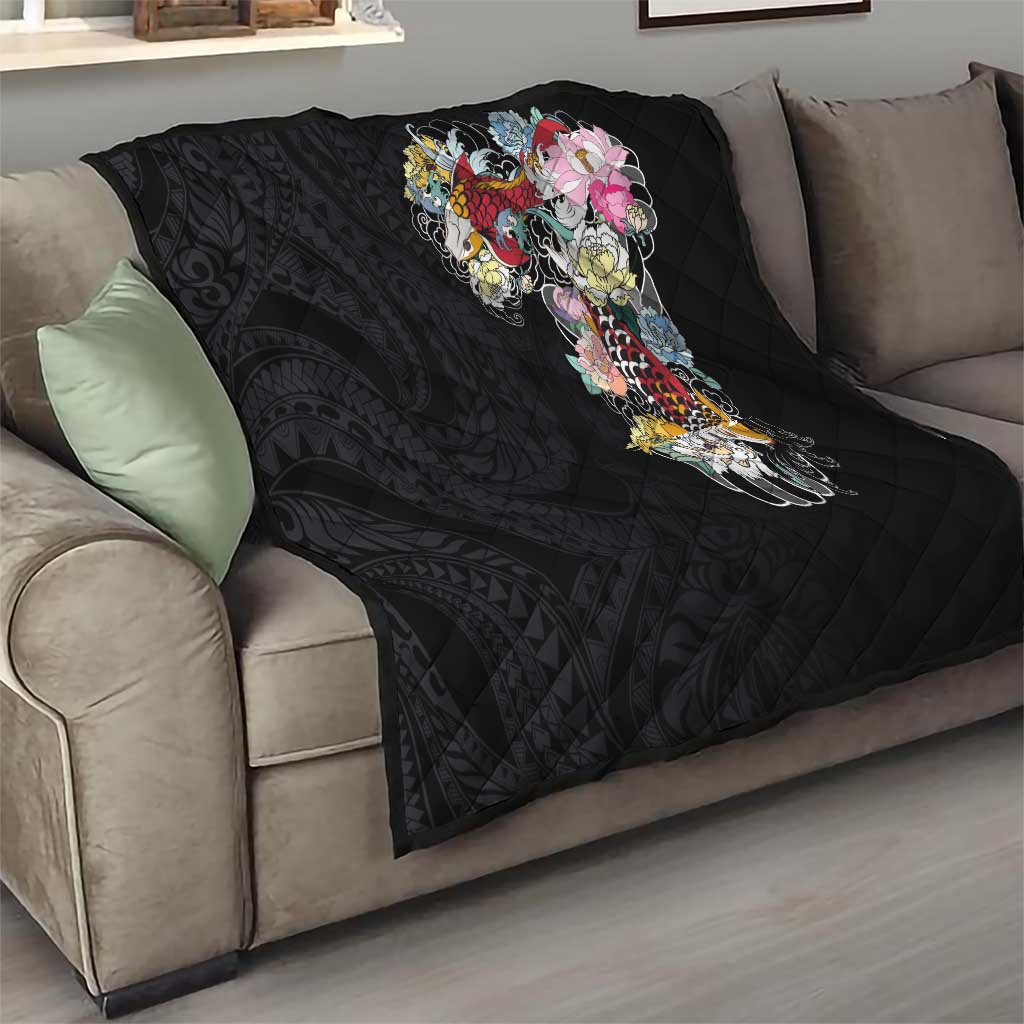 Hawaiian and Japanese Together Quilt Colorful Traditional Japanese Tattoo and Kakau Pattern Black Color LT03 - Polynesian Pride
